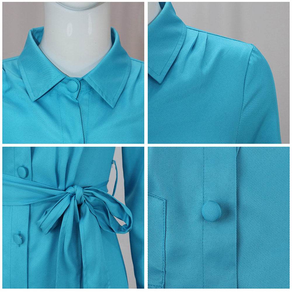 Ratched Cosplay Costume Blue Nurse Dress with Belt and Hat for Halloween - zzcosplay