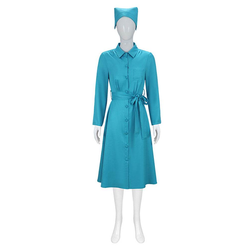 Ratched Cosplay Costume Blue Nurse Dress with Belt and Hat for Halloween - zzcosplay