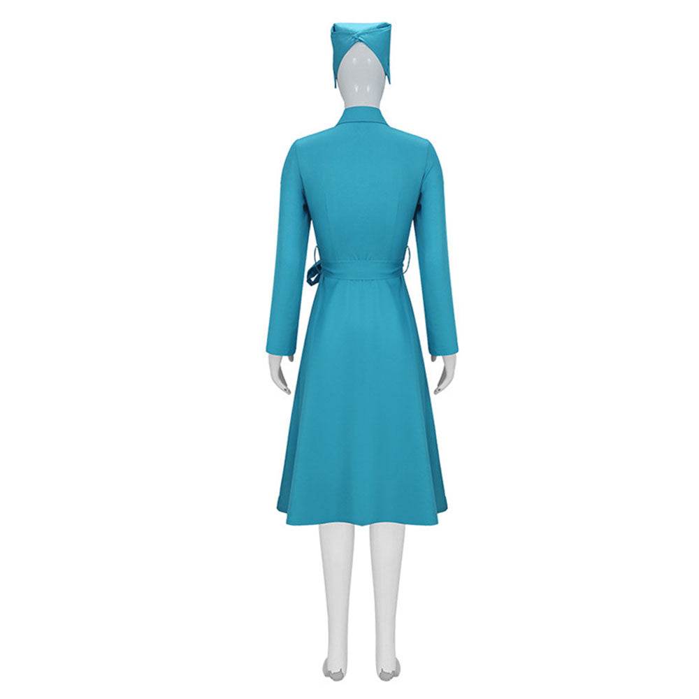 Ratched Cosplay Costume Blue Nurse Dress with Belt and Hat for Halloween - zzcosplay