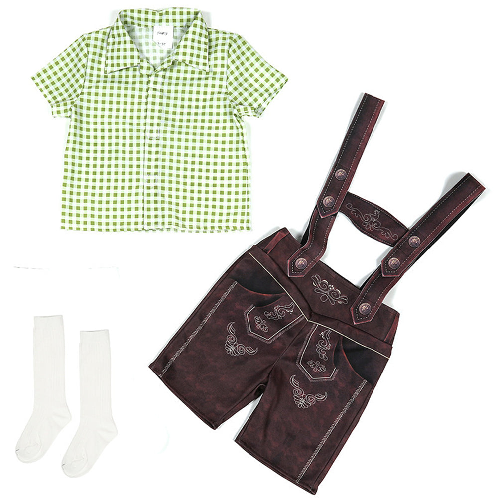 Boy Oktoberfest Costume Set Overalls with plaid shirt socks Halloween - ZZCOSPLAY