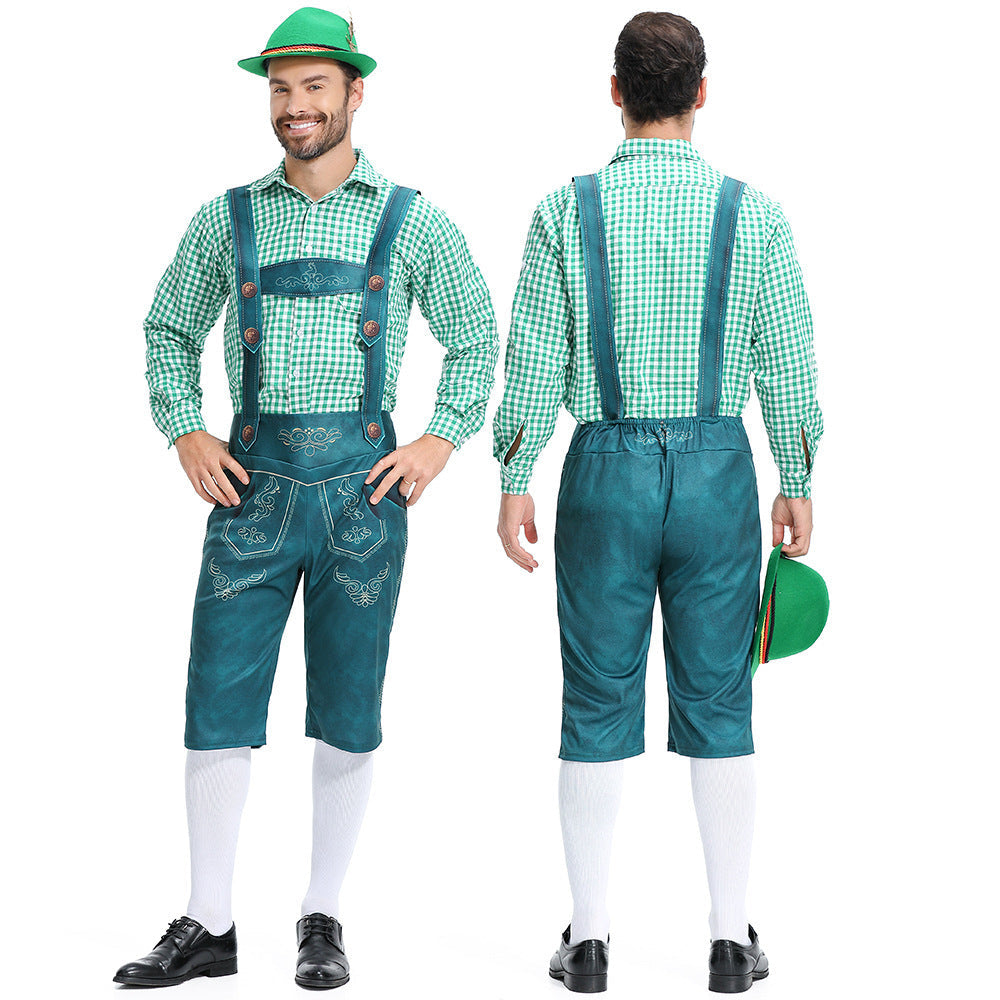 Men's Bavarian Lederhosen Oktoberfest Overalls Plaid Shirt Costume - ZZCOSPLAY