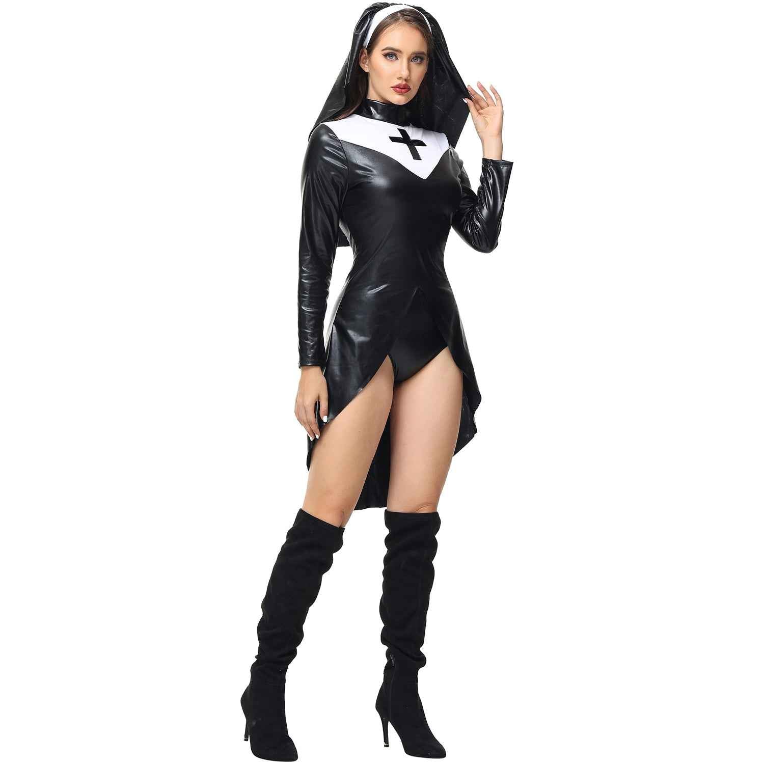 PU Leather Punk Nun Costume for Women Halloween