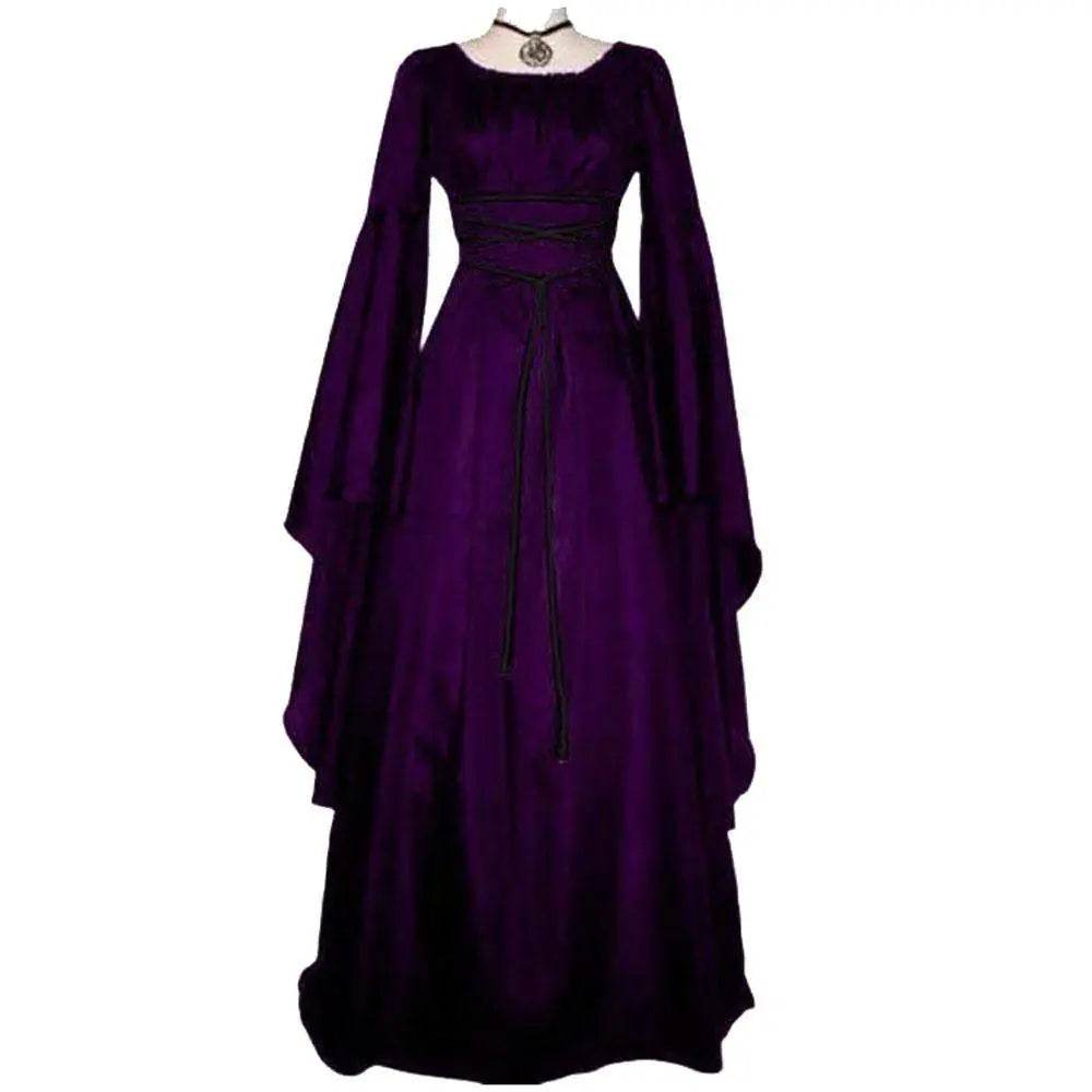 Antique solid color Halloween witch long sleeve dress - zzcosplay
