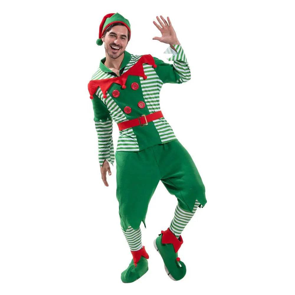 Christmas Elf Adult Men Costume with Elf Hat Stripes Design for Christmas Parties - zzcosplay
