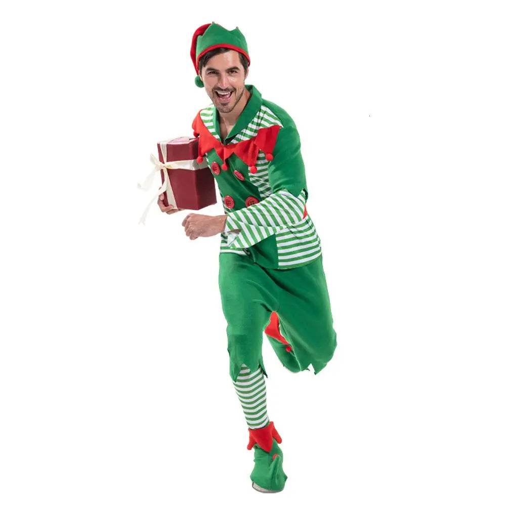 Christmas Elf Adult Men Costume with Elf Hat Stripes Design for Christmas Parties - zzcosplay
