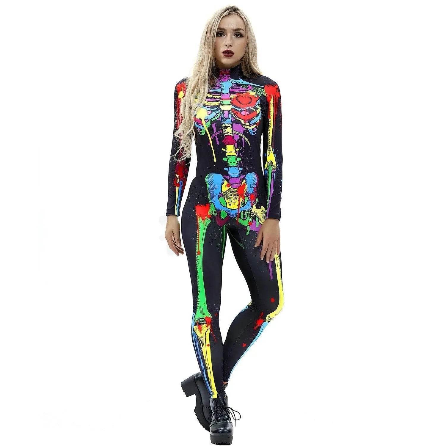 Coloful Skull Halloween Cosplay Costume Bodycon Jumpsuit for Women - zzcosplay