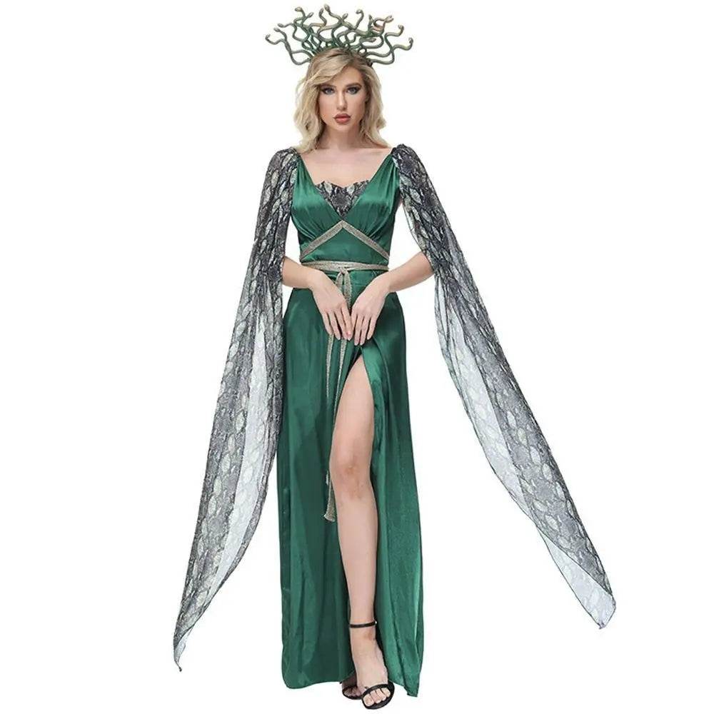 Dark green snake print slit dress mythical siren Medusa dress Halloween Costumes for adult - zzcosplay
