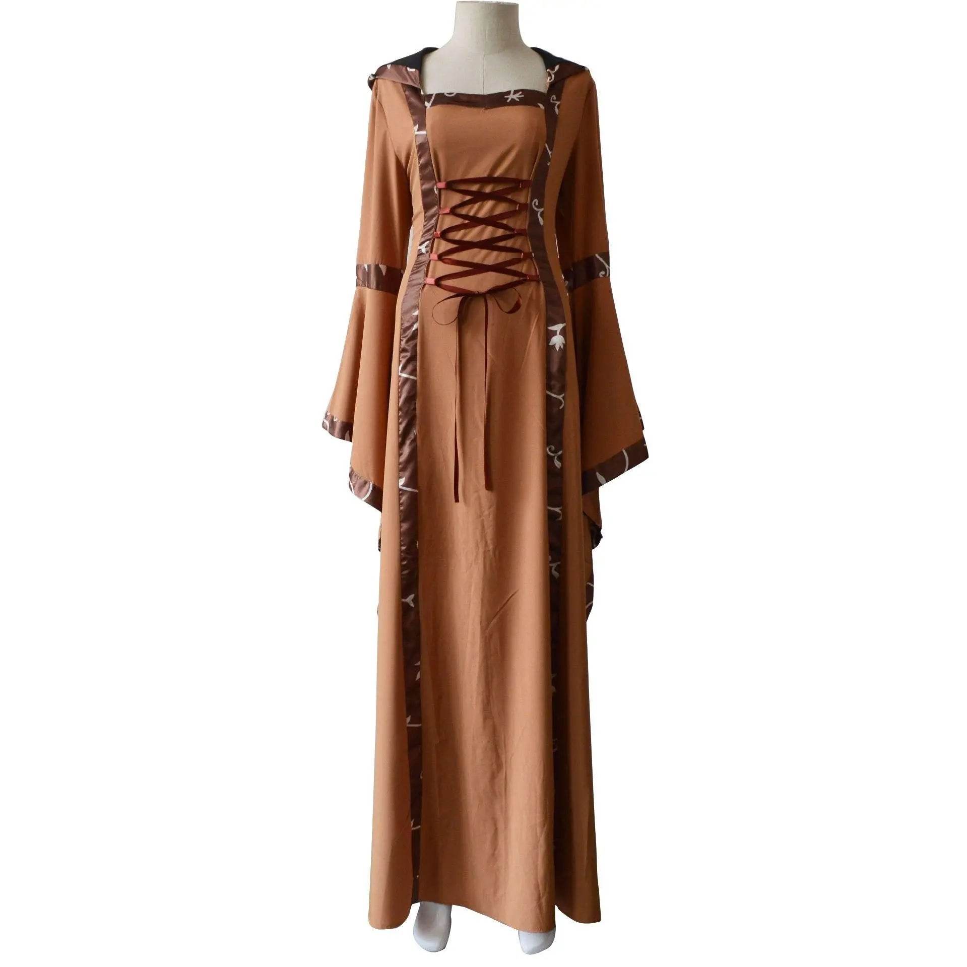 Medieval Retro Hooded Dress Costume Square Neck Tie Trumpet Sleeves Big Swing Skirt - zzcosplay