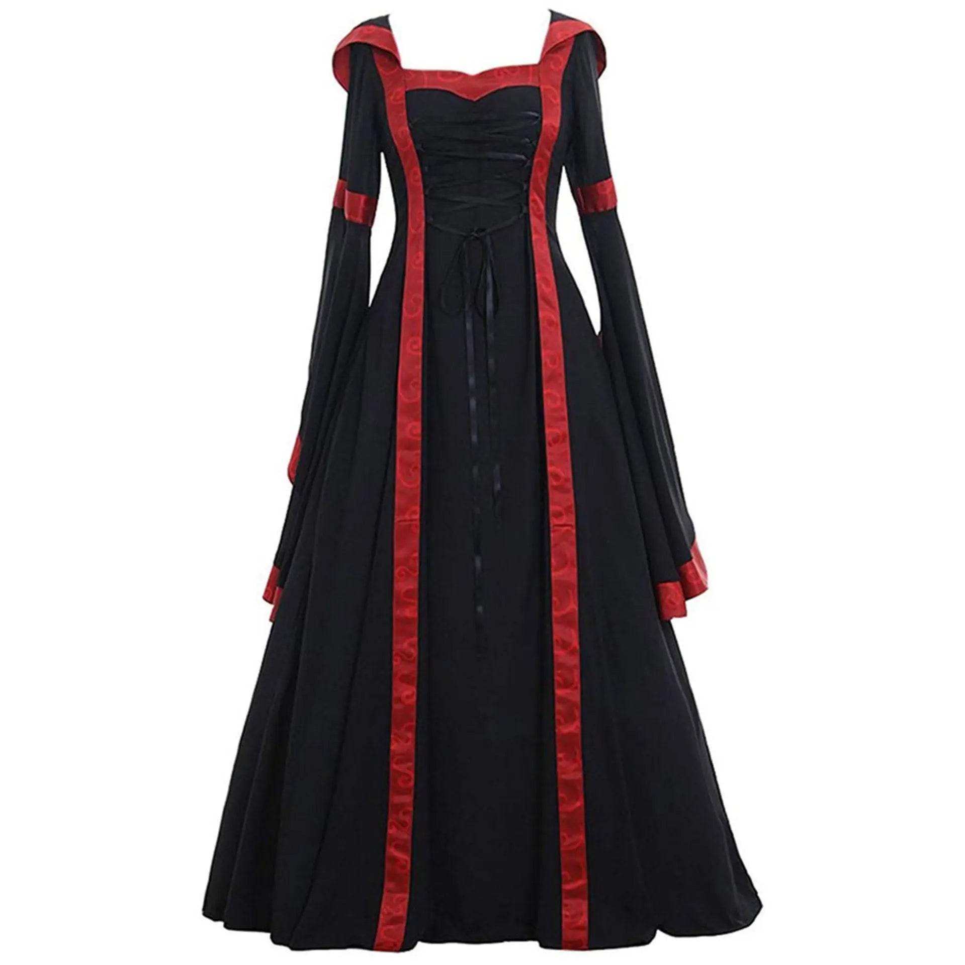 Medieval Retro Hooded Dress Costume Square Neck Tie Trumpet Sleeves Big Swing Skirt - zzcosplay