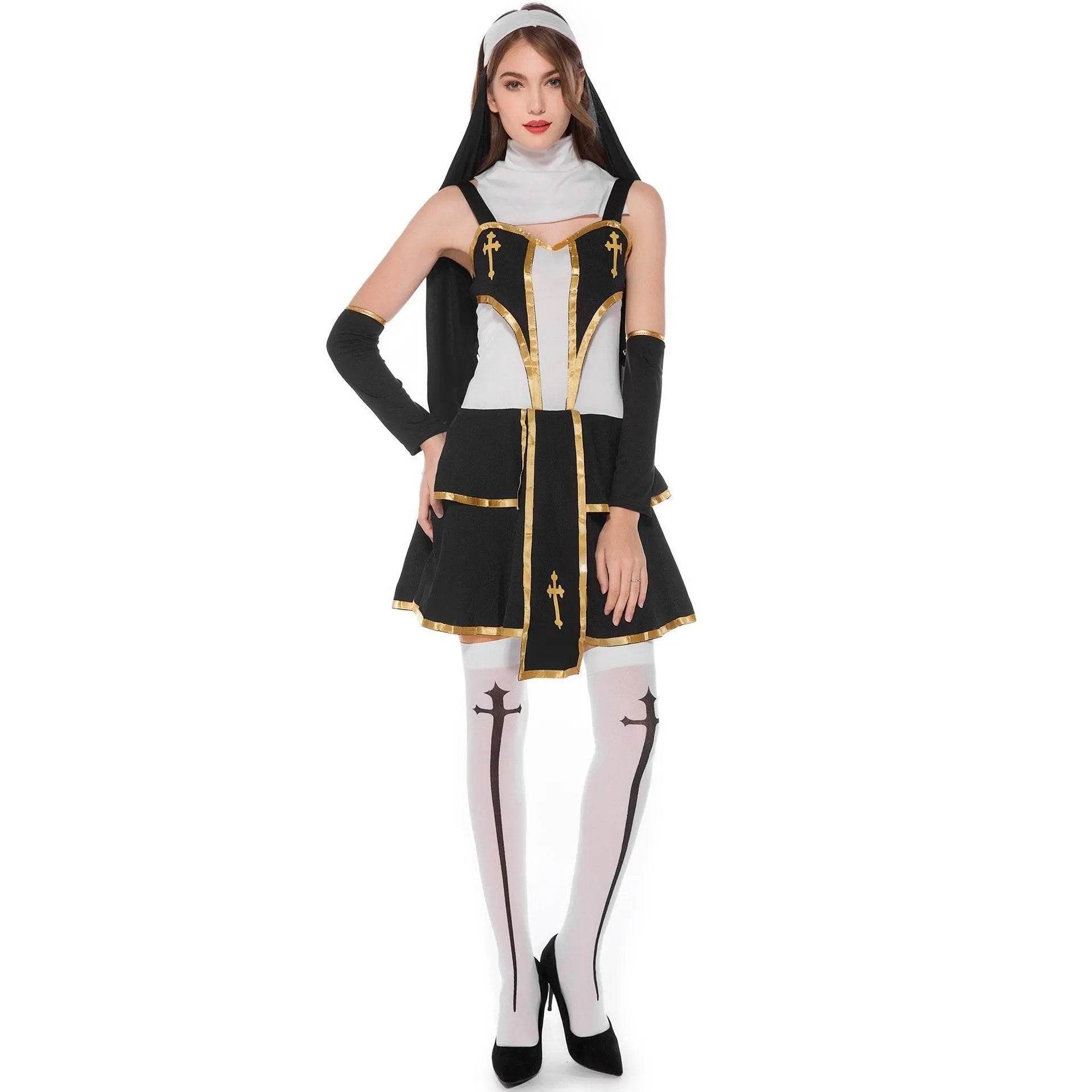 Pastor Fr Nun Couples Costume Halloween Outfits Cosplay Party Carnival - zzcosplay