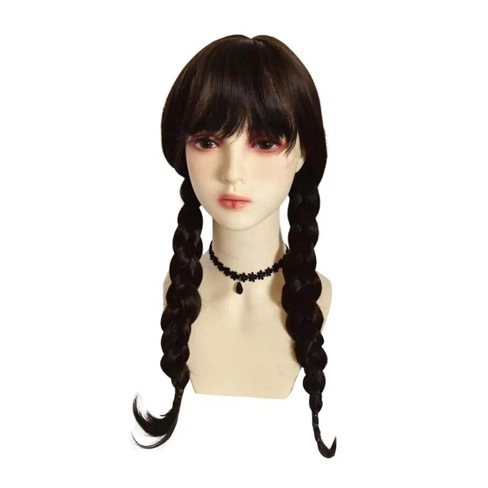 Wednesday Wig The Addams Family Cosplay Black Double Ponytail Braid Wig For Adult - zzcosplay
