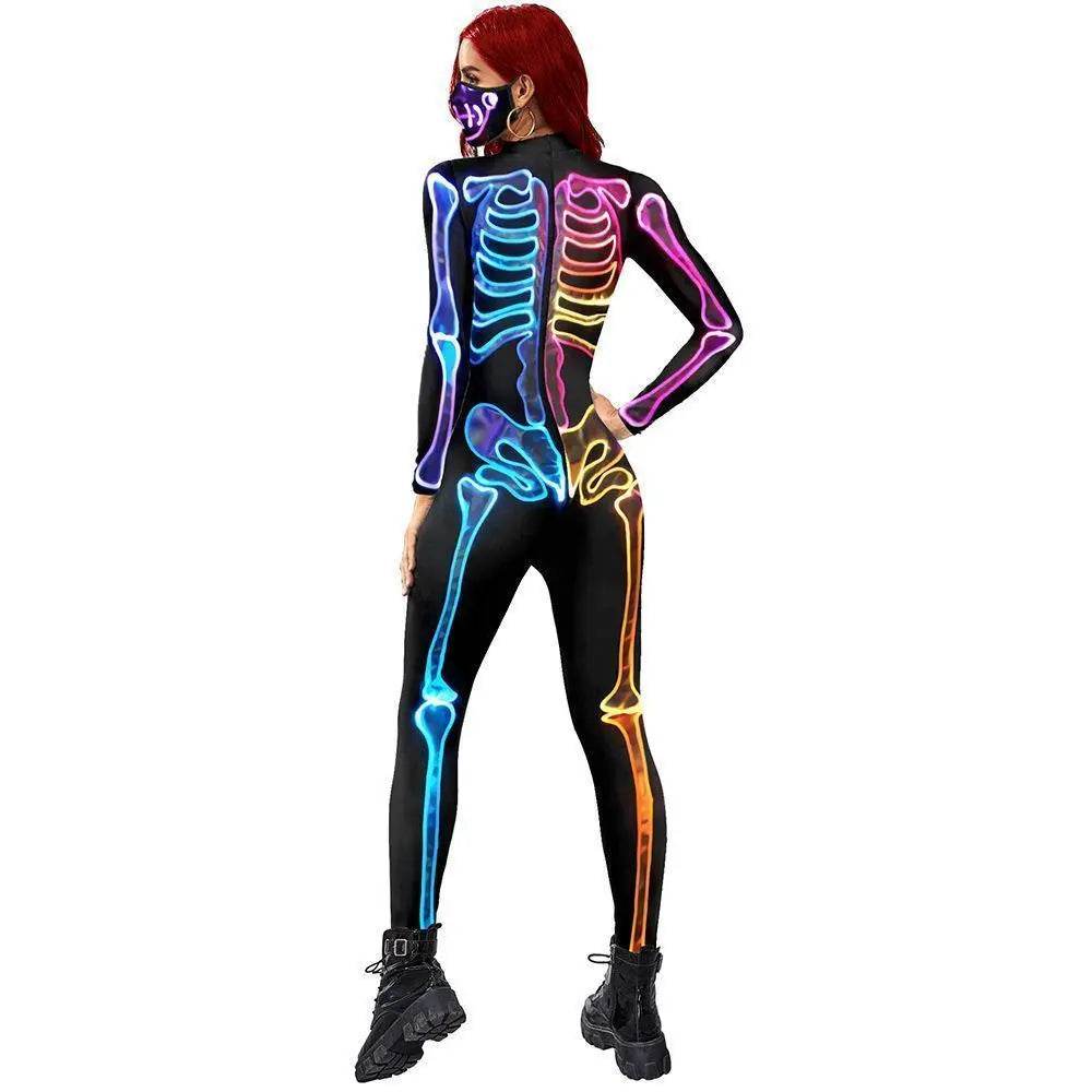 Women Halloween Jumpsuit Skull Cosplay Costume Funny Skeleton Halloween Bodysuit Skinny Catsuit - zzcosplay