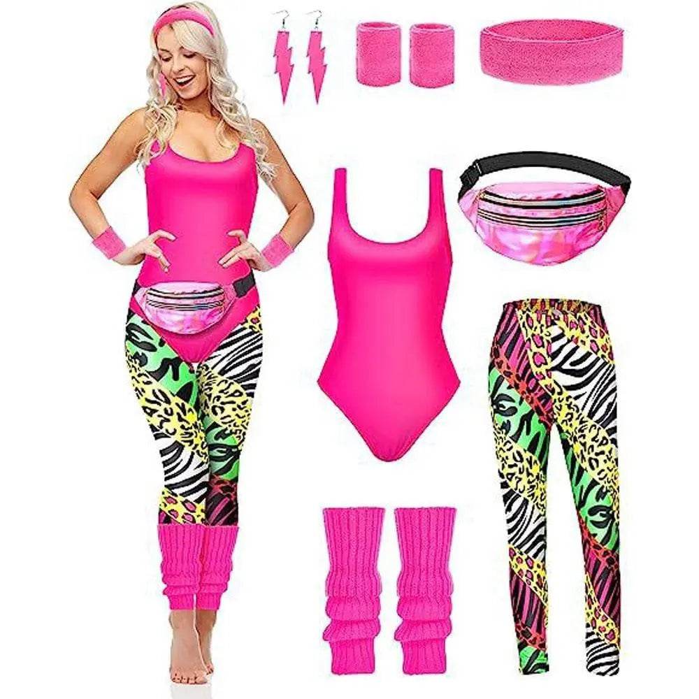 Women Robbie 80s Workout Costume Fancy Dress Halloween Fanny Pack Wristband Earrings - zzcosplay