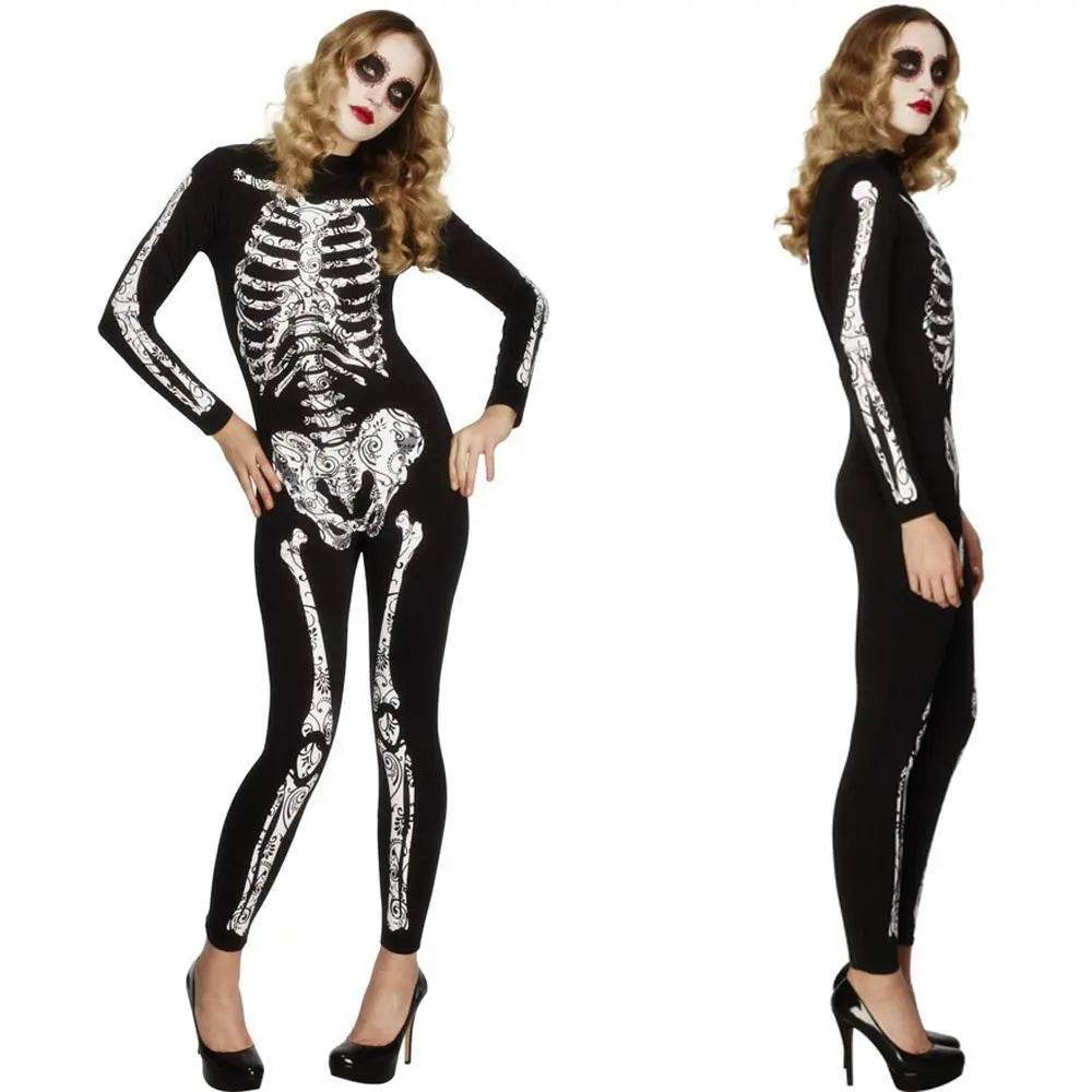 Women's Spandex Printed Skull Skeleton Costume Catsuit Halloween - zzcosplay