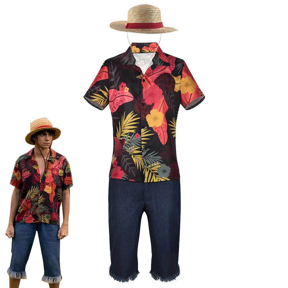one picece luffy costume live floral shirt Anime Cosplay with straw hat - zzcosplay