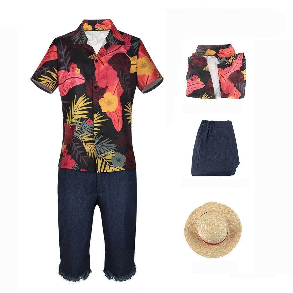 one picece luffy costume live floral shirt Anime Cosplay with straw hat - zzcosplay