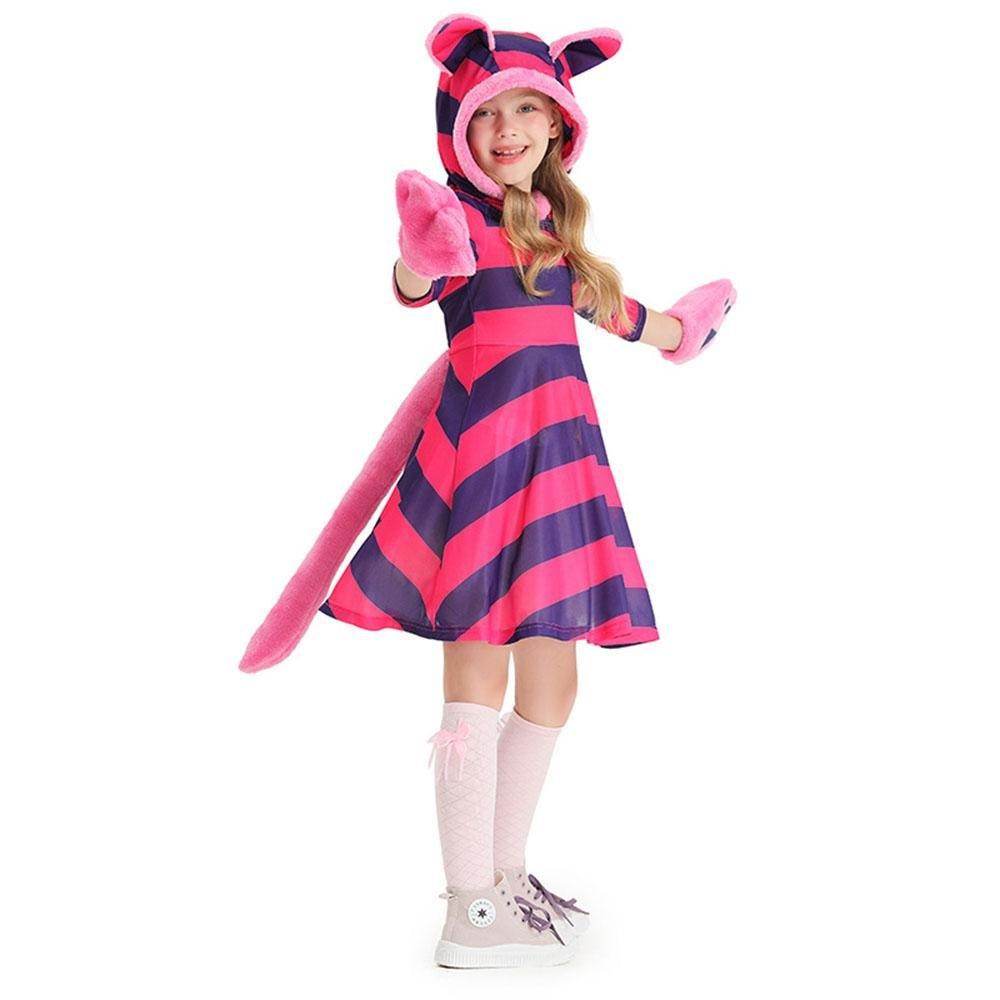 Purple Striped The Cheshire Cat Dress Halloween Outfits Carnival Cosplay Costume For Kids - zzcosplay