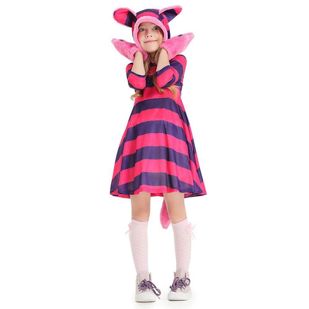 Purple Striped The Cheshire Cat Dress Halloween Outfits Carnival Cosplay Costume For Kids - zzcosplay