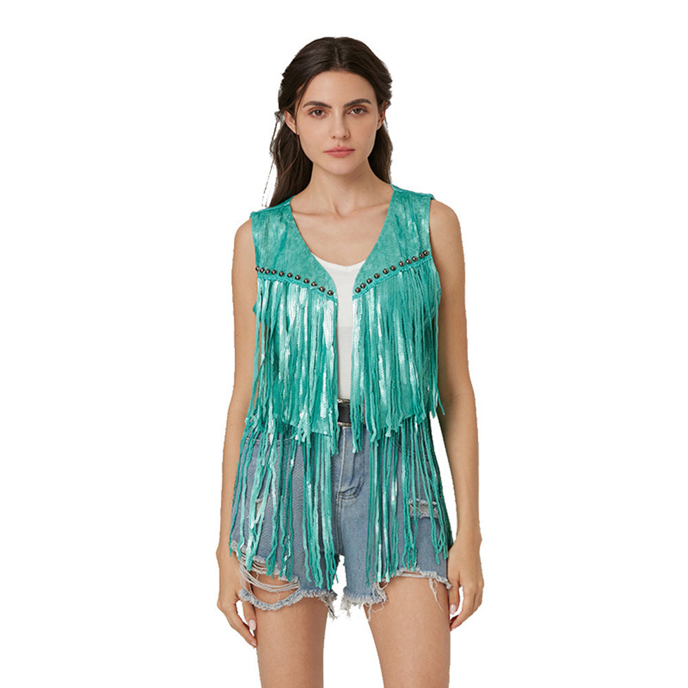 Sleeveless Vest Sequined Vest Western Cowboy Style Cardigan Denim Vest Women - ZZCOSPLAY