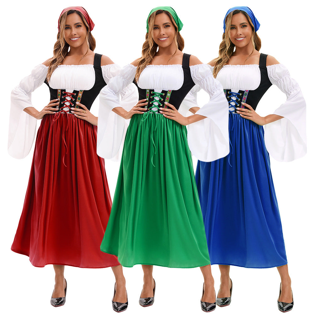 Medieval Farm Maid Oktoberfest Long Dress Costume for Women - ZZCOSPLAY