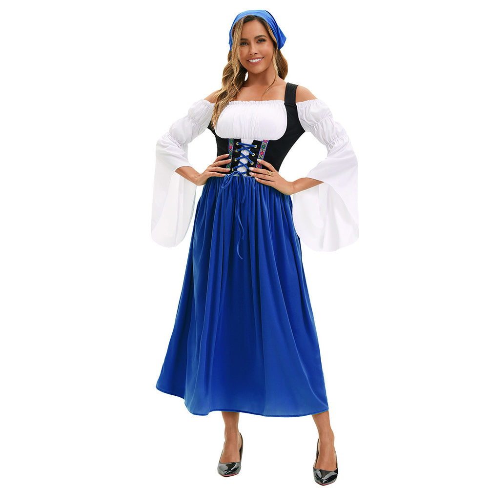 Medieval Farm Maid Oktoberfest Long Dress Costume for Women - ZZCOSPLAY