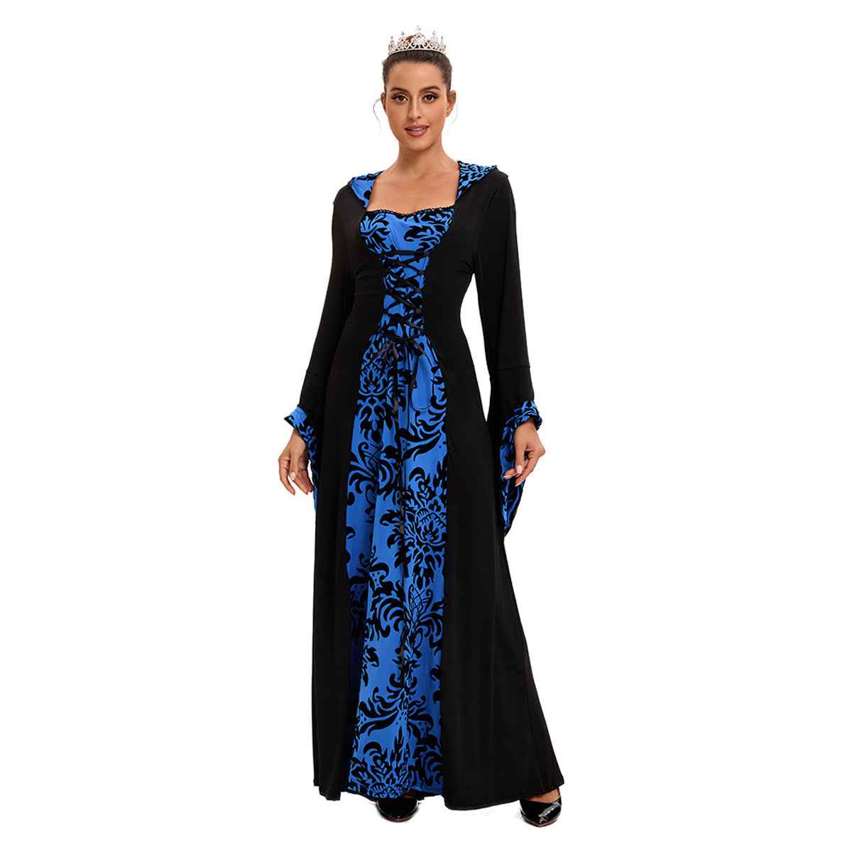 Medieval Hooded Swing Dress Costume Printed Retro Long Sleeves
