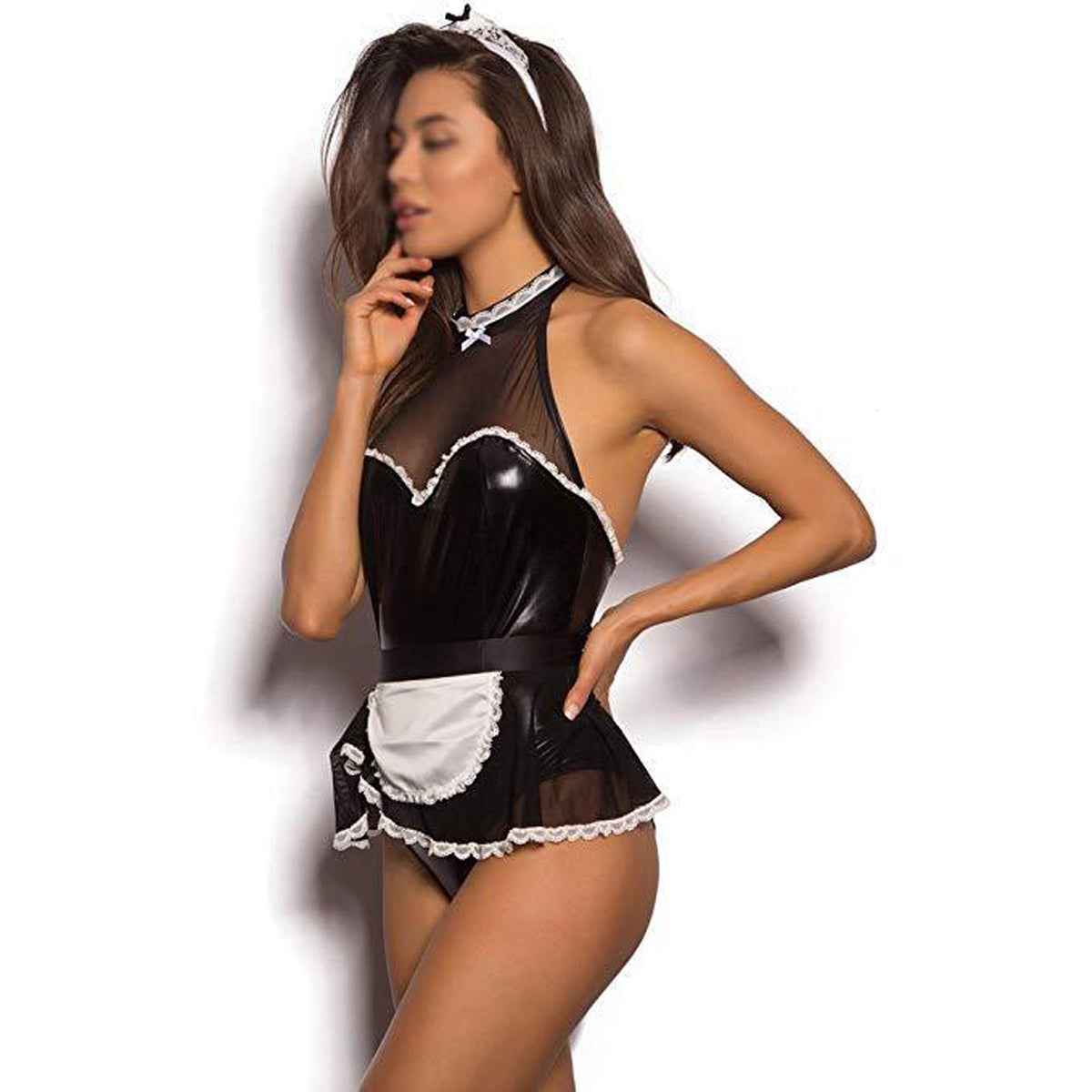 Maid Costume Jumpsuit PU Patent Leather Bodysuit