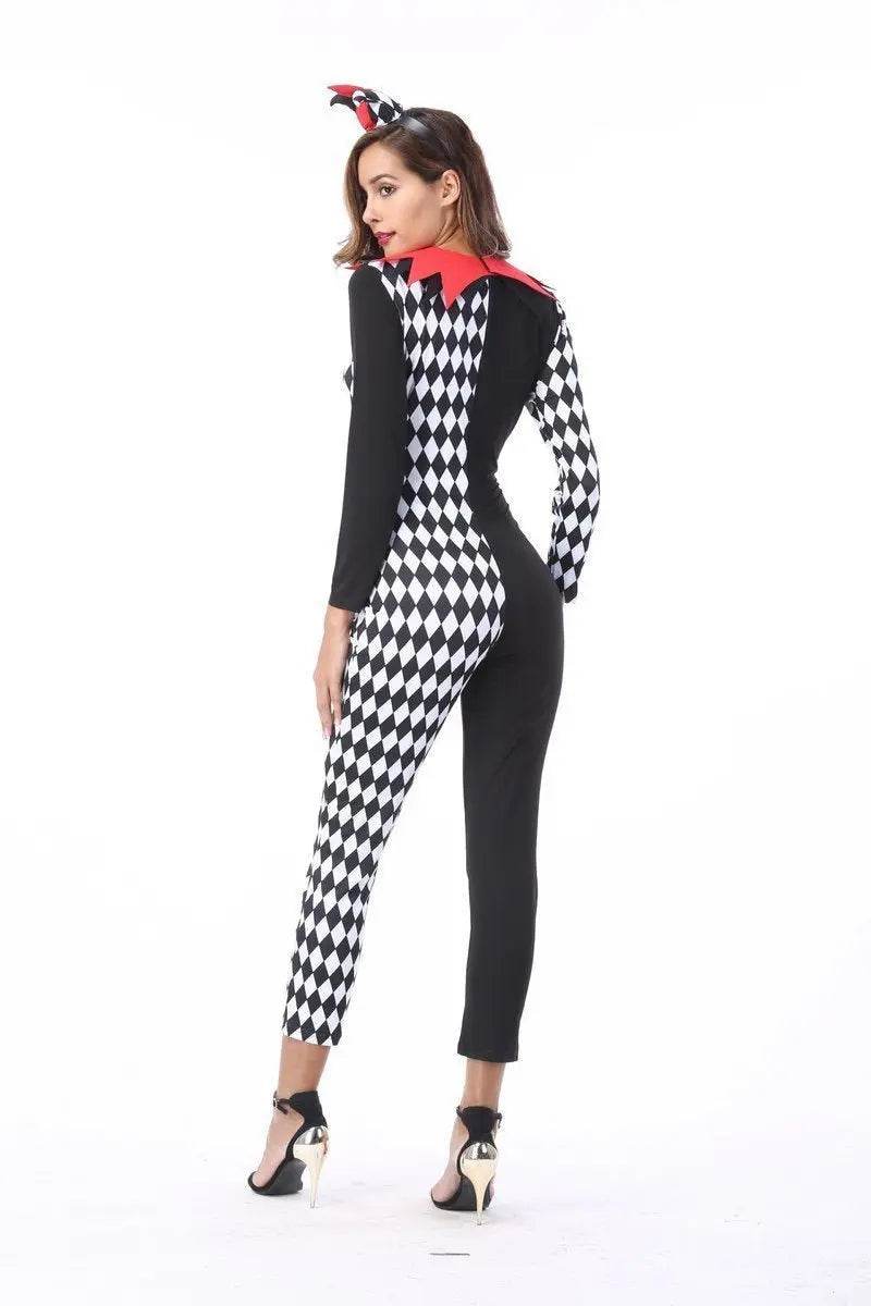Adult Women Circus Clown Harlequin Jester Halloween Costume Jumpsuit - zzcosplay