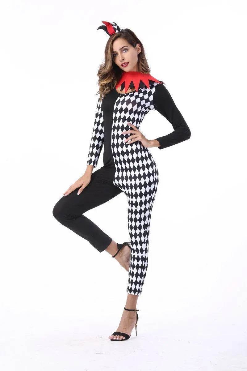 Adult Women Circus Clown Harlequin Jester Halloween Costume Jumpsuit - zzcosplay