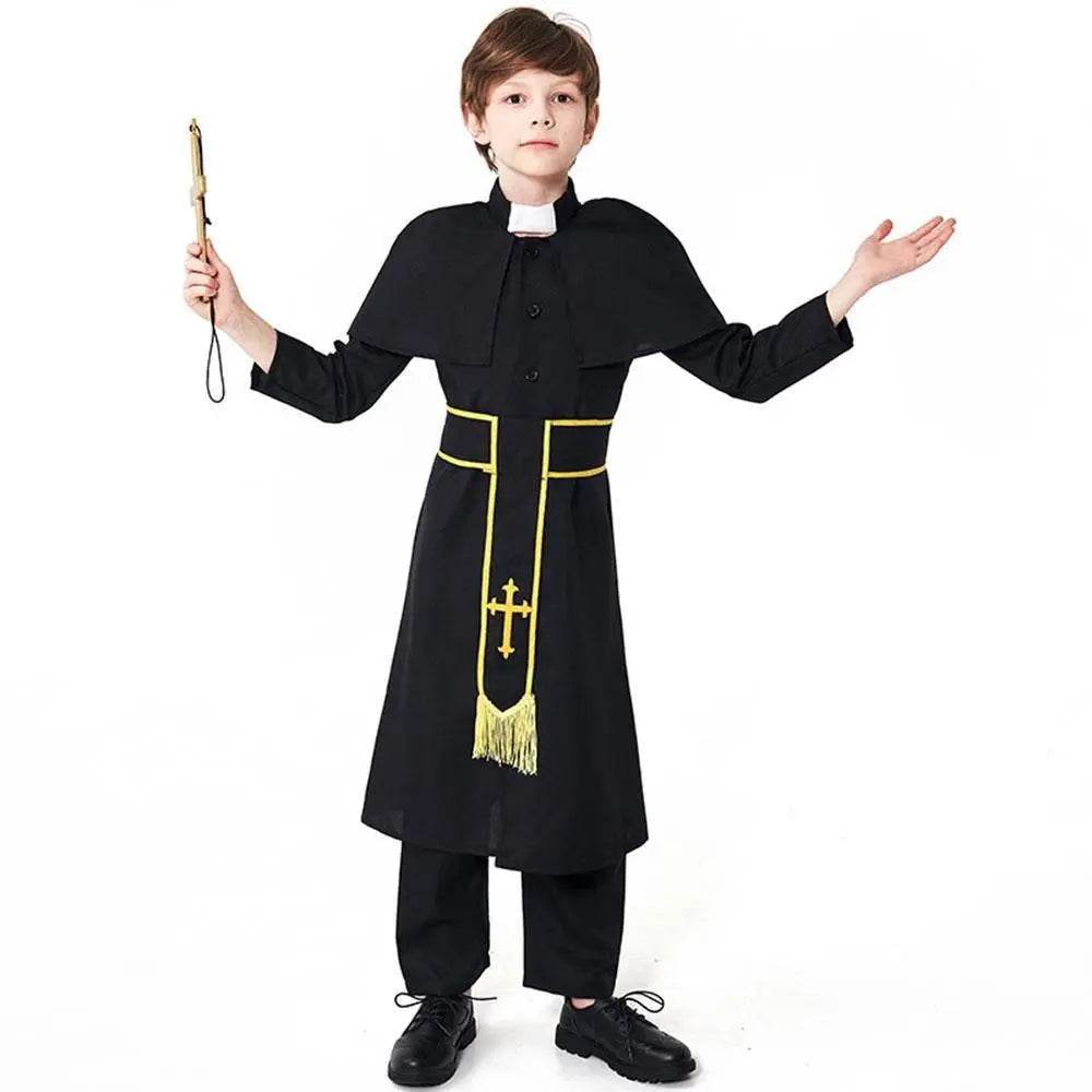 Black Robed Priest Halloween Outfits Carnival Cosplay Costume For Kids - zzcosplay