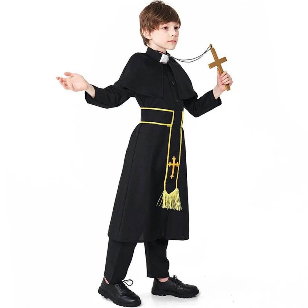 Black Robed Priest Halloween Outfits Carnival Cosplay Costume For Kids - zzcosplay