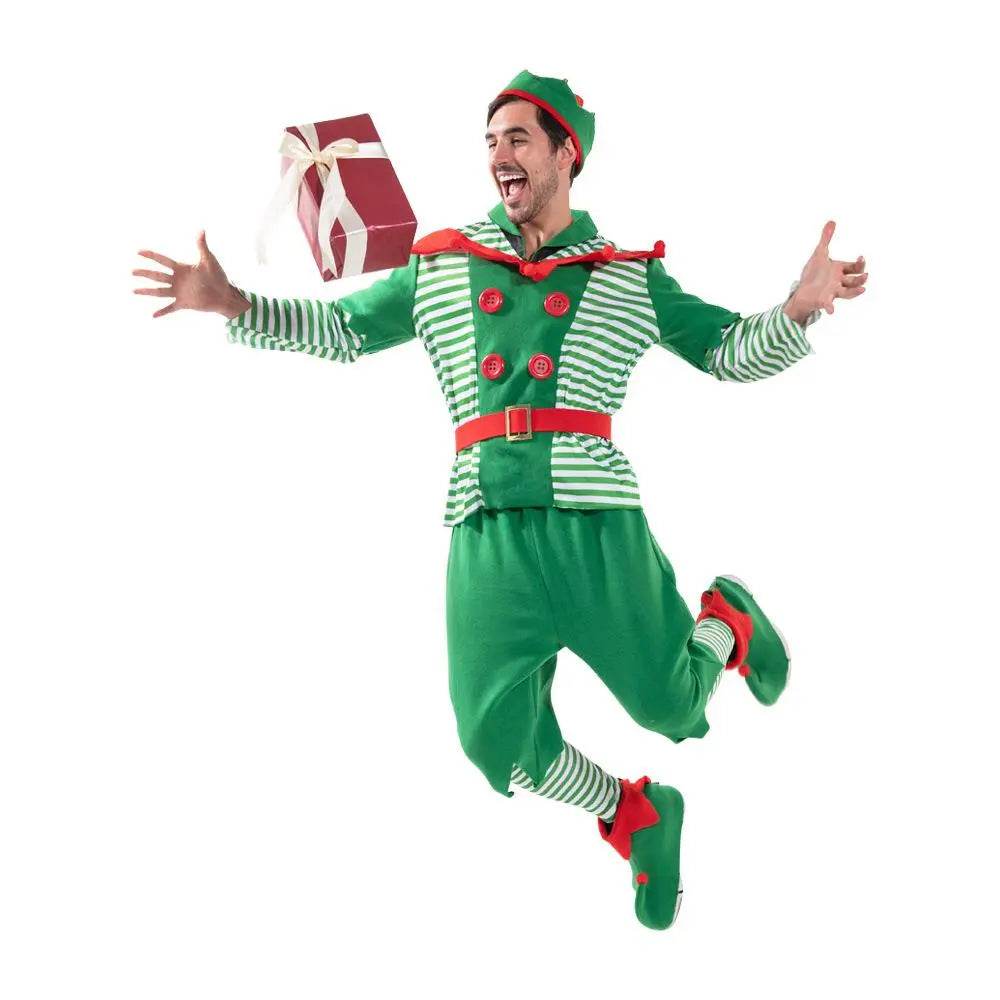 Christmas Elf Adult Men Costume with Elf Hat Stripes Design for Christmas Parties - zzcosplay