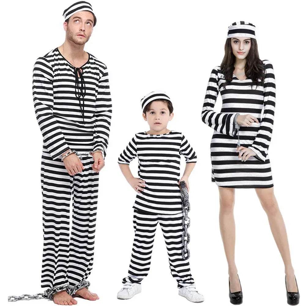 Halloween Adult Kid Striped Prison Costume Hat Top Pants Dress Set - zzcosplay