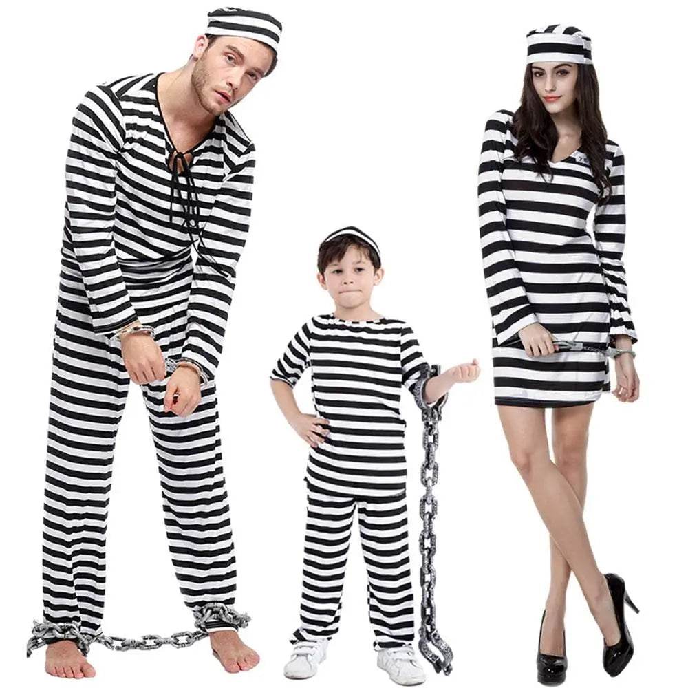 Halloween Adult Kid Striped Prison Costume Hat Top Pants Dress Set - zzcosplay