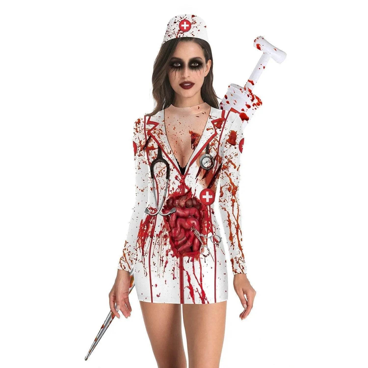 Halloween Nurse Blood Dress Cosplay Costume For Women - zzcosplay