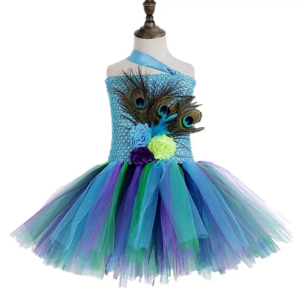 Kids Sequin Peacock Feather Costume Girls Easter Carnival Party Dress - zzcosplay