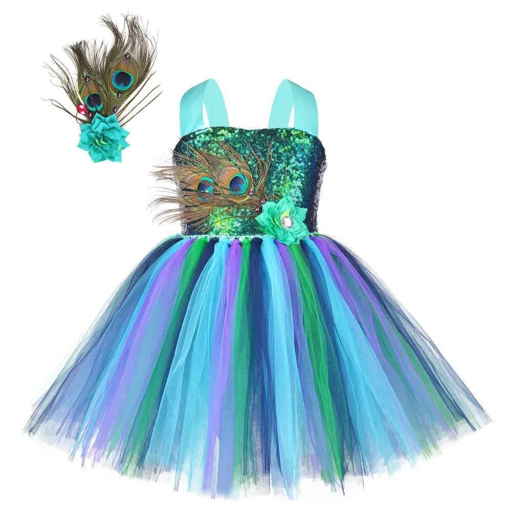 Kids Sequin Peacock Feather Costume Girls Easter Carnival Party Dress - zzcosplay