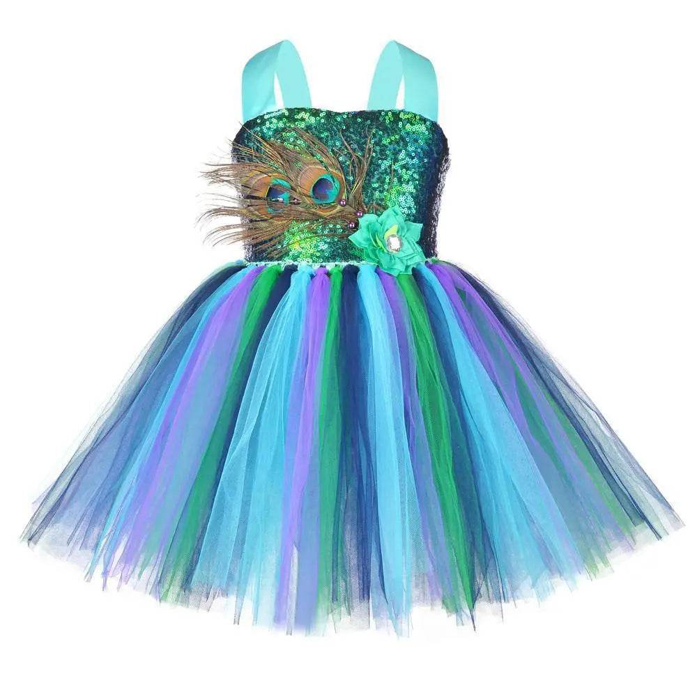 Kids Sequin Peacock Feather Costume Girls Easter Carnival Party Dress - zzcosplay