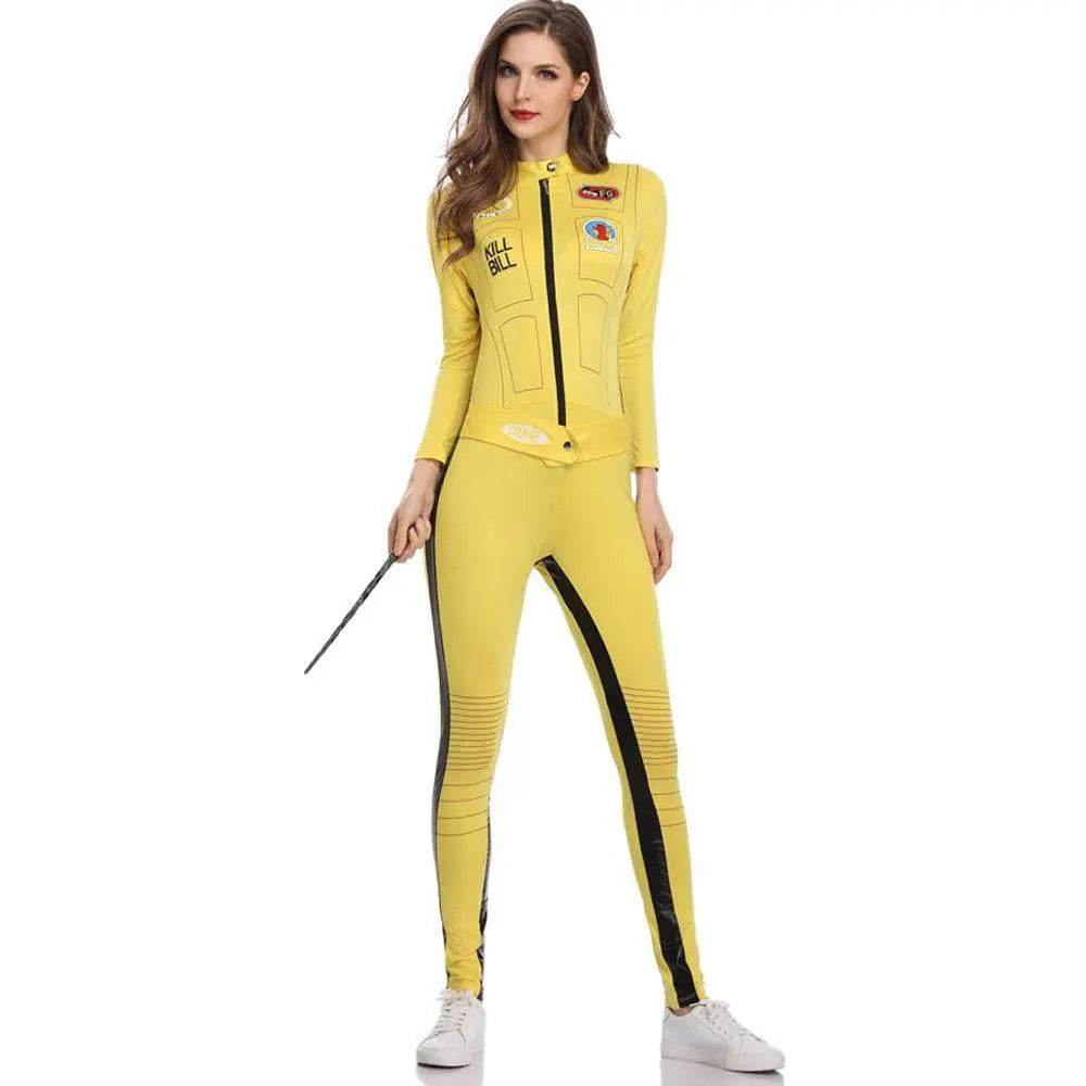 Kill Bill Cosplay Costume Yellow Bodycon Jumpsuit Motorcycle Night Club Racer Zentai Suits for Women - zzcosplay