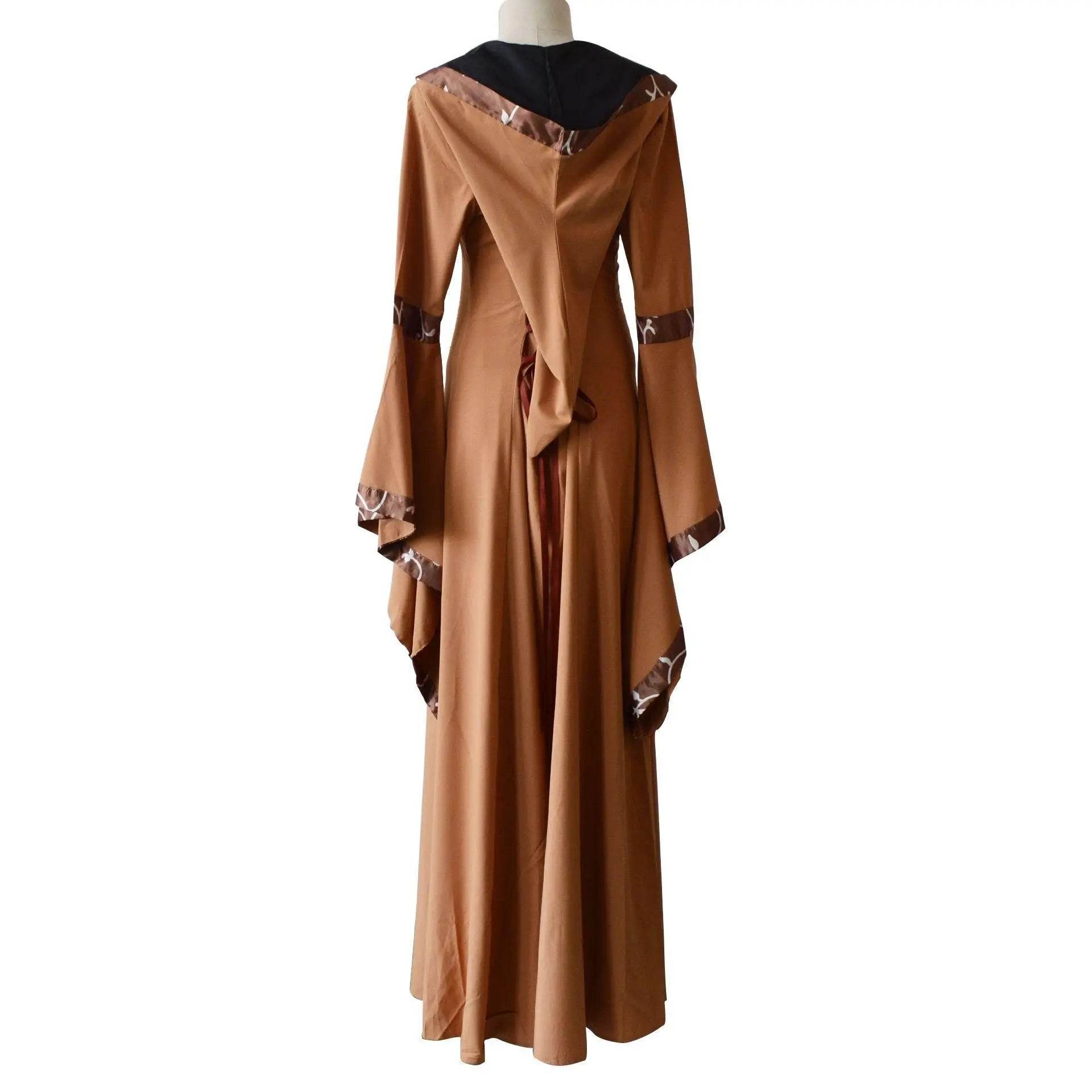 Medieval Retro Hooded Dress Costume Square Neck Tie Trumpet Sleeves Big Swing Skirt - zzcosplay