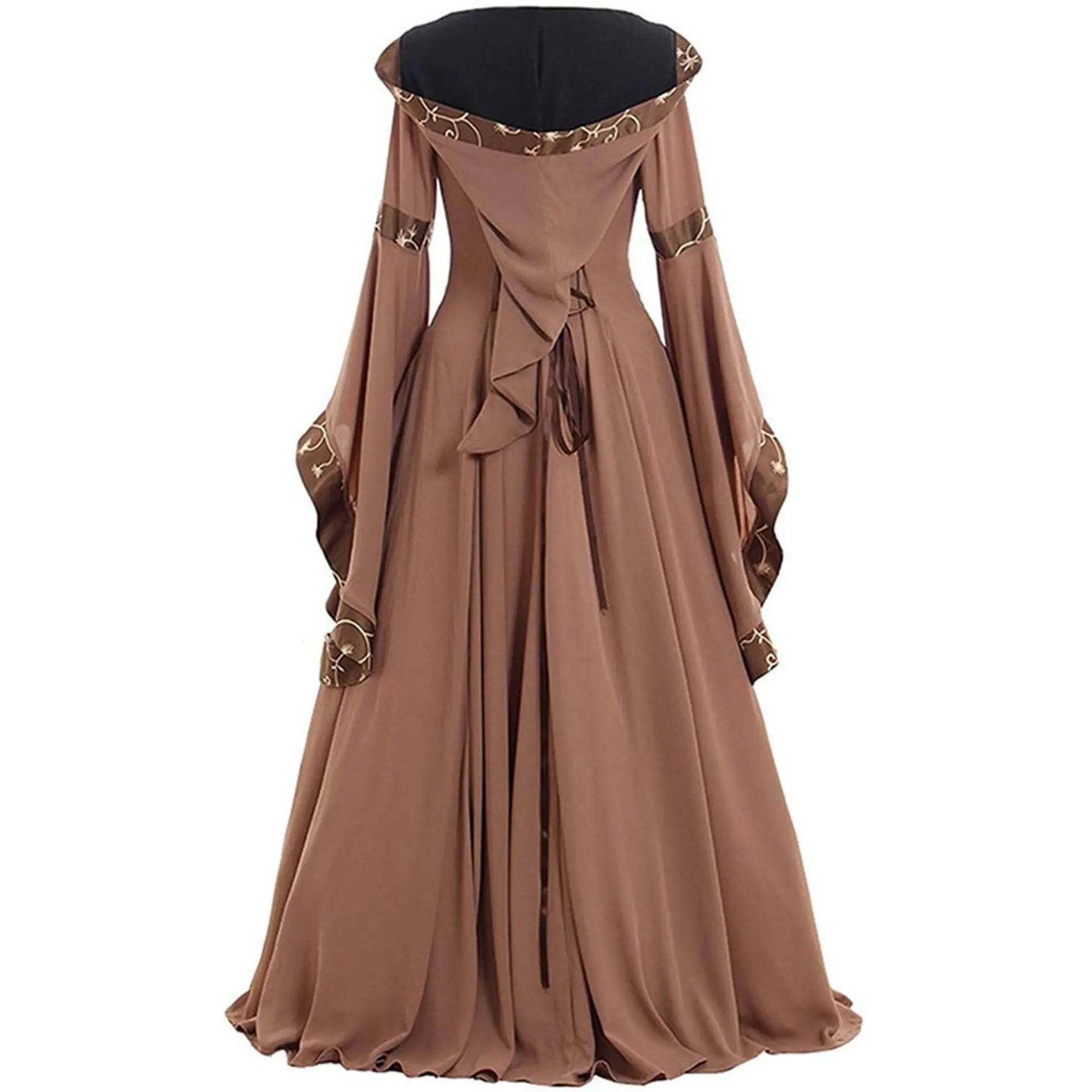 Medieval Retro Hooded Dress Costume Square Neck Tie Trumpet Sleeves Big Swing Skirt - zzcosplay