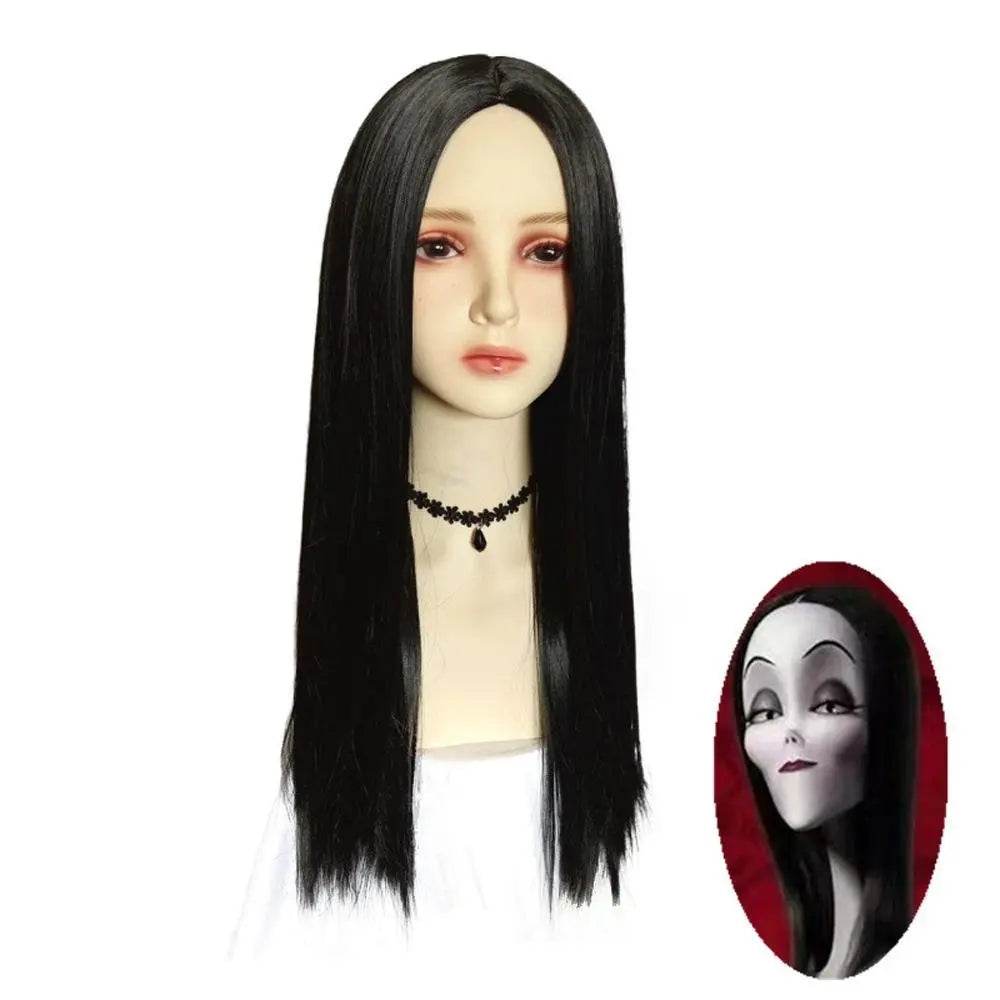 Wednesday's Mom Wig The Addams Family Cosplay Black Middle Parted Straight Wig For Adult - zzcosplay