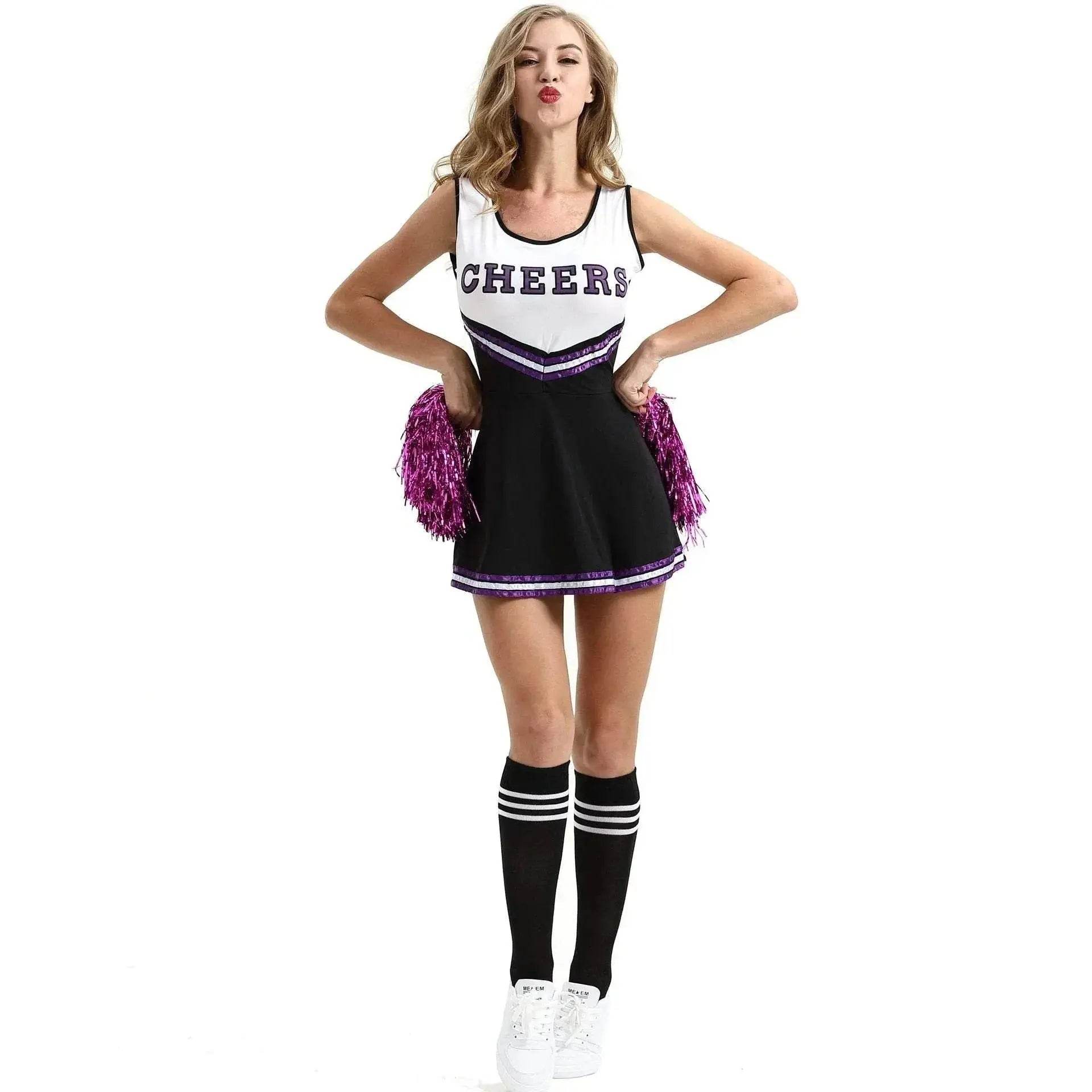 Women Cheerleader Costume Outfit With Poms Fancy Uniform Sports Dress - zzcosplay