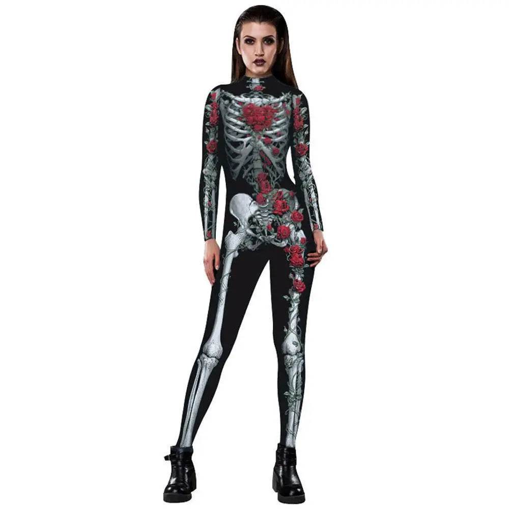 Women Printed Rose Skull Skeleton Catsuit Halloween Costume - zzcosplay