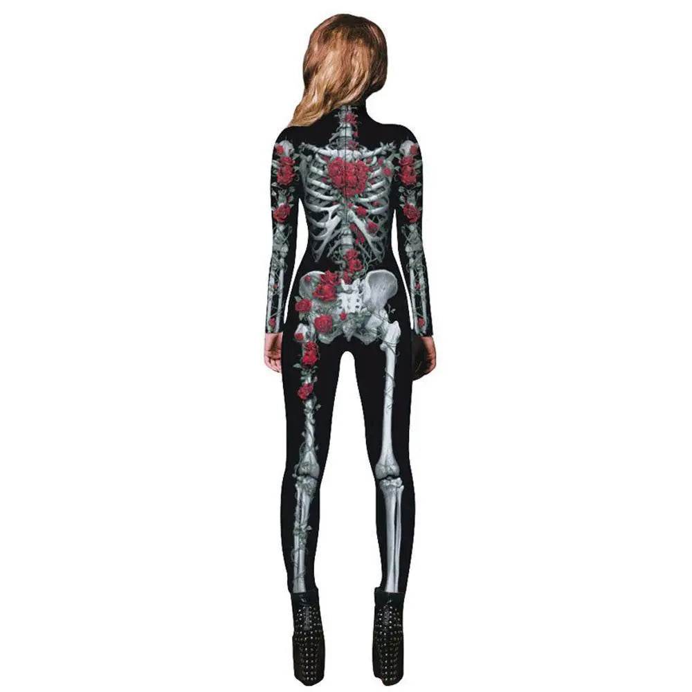 Women Printed Rose Skull Skeleton Catsuit Halloween Costume - zzcosplay
