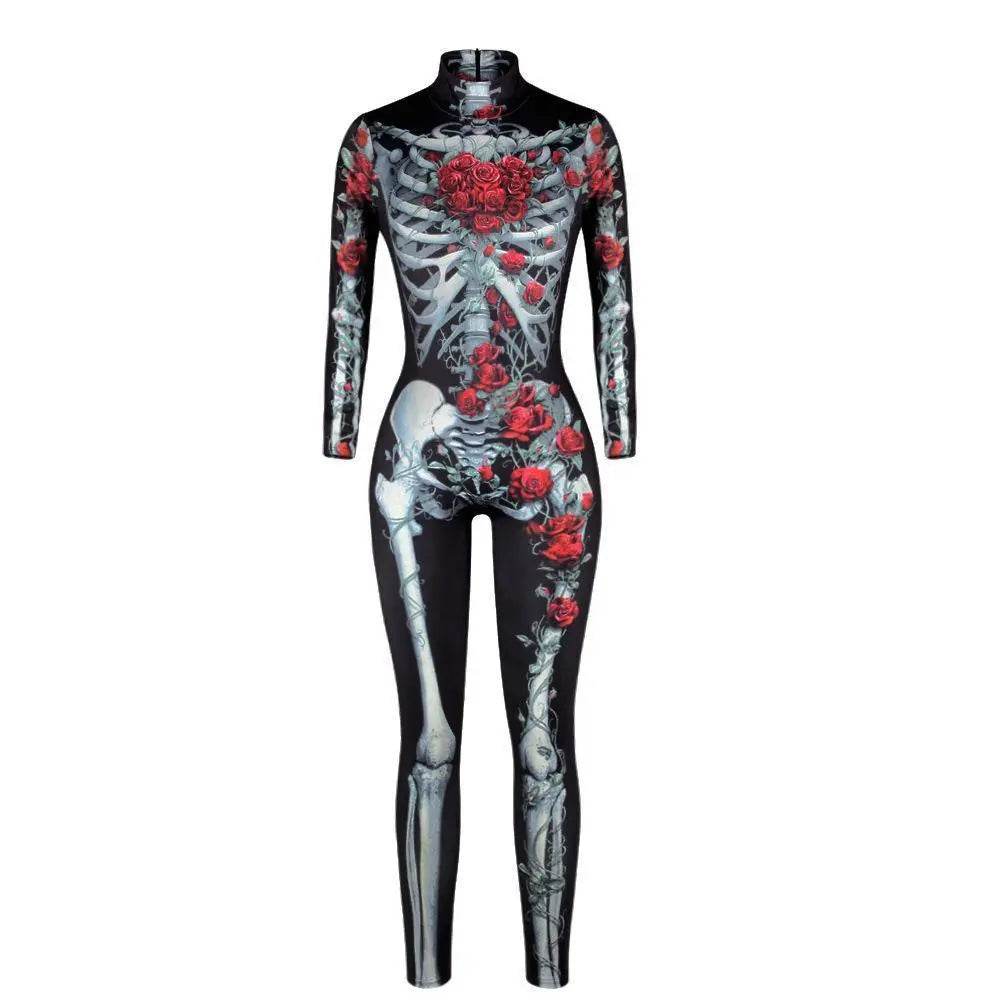Women Printed Rose Skull Skeleton Catsuit Halloween Costume - zzcosplay