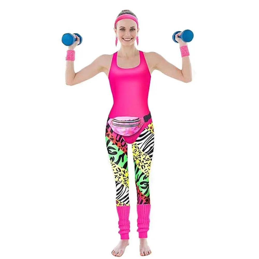 Women Robbie 80s Workout Costume Fancy Dress Halloween Fanny Pack Wristband Earrings - zzcosplay