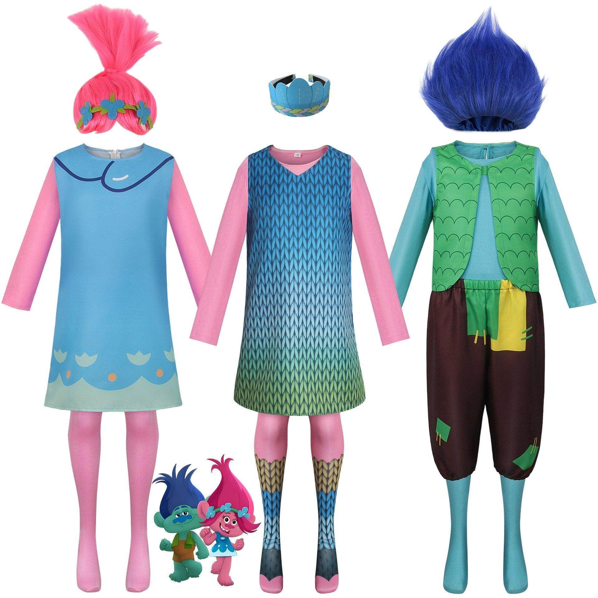 Girl Poppy Dress And Boy Branch Costume Wig Trolls 2 World Tour Cosplay For Kids Adult - zzcosplay