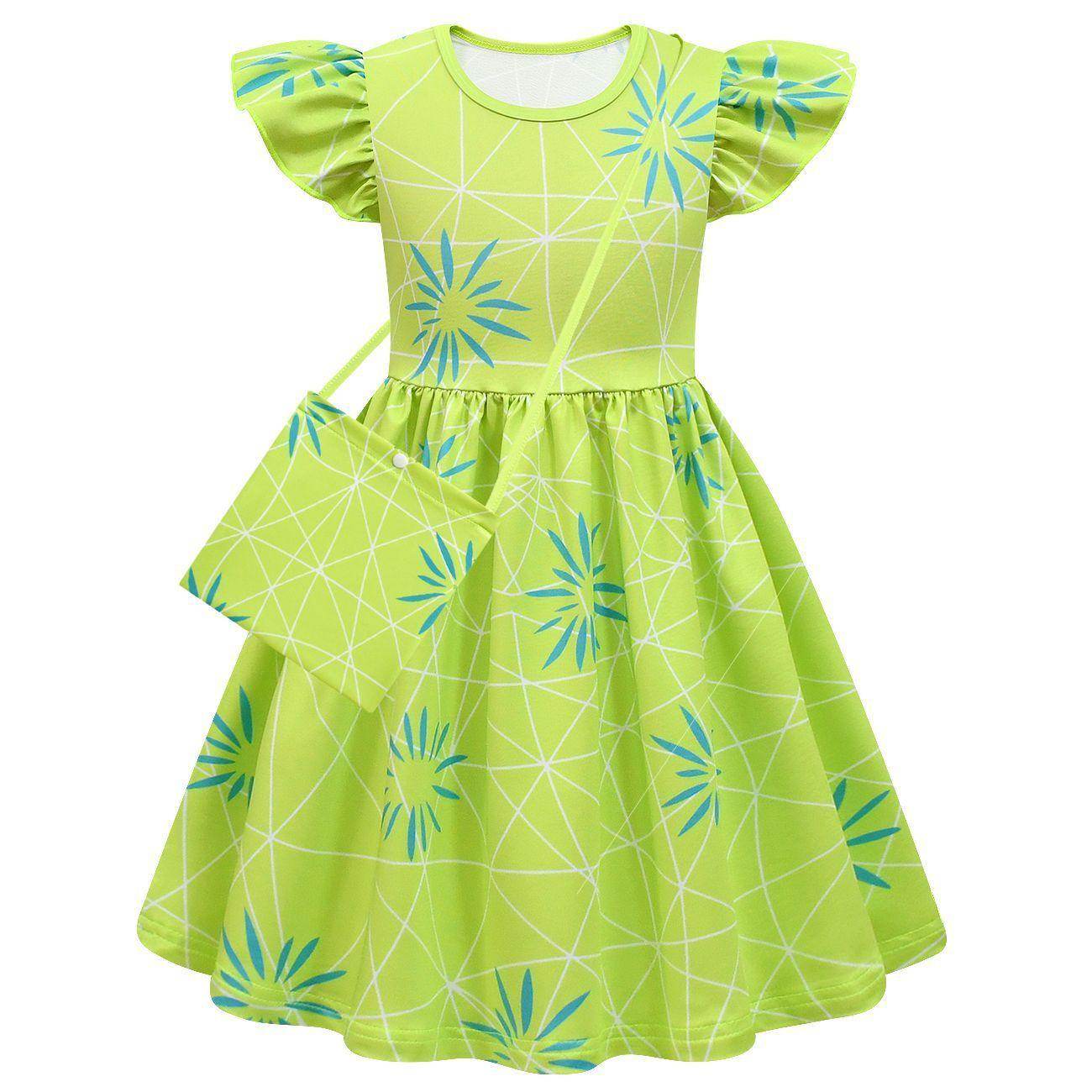 Inside Out Joy Cosplay Costume Dress for Girls Flutter Sleeve A Line Dress with Bag - zzcosplay