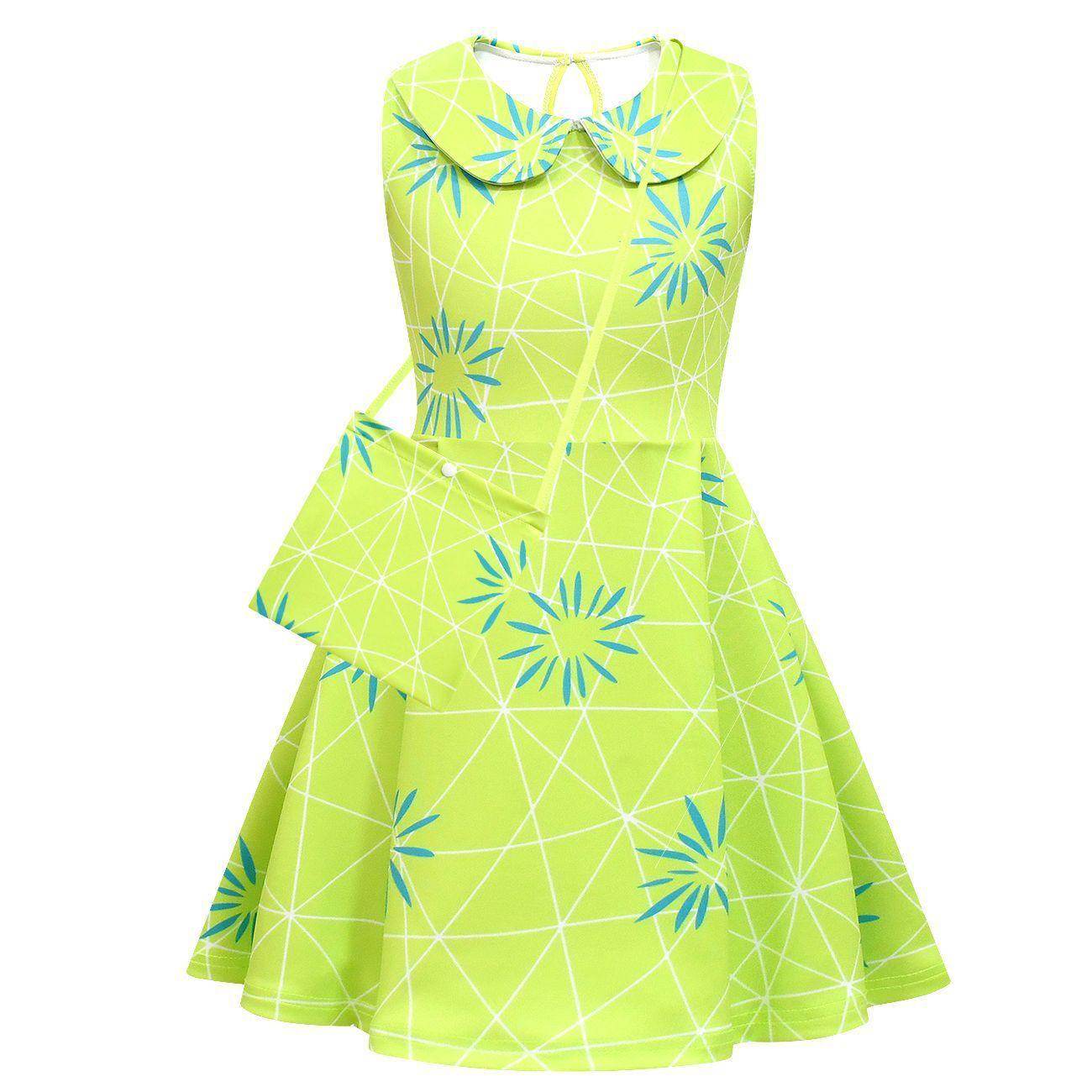 Inside Out Joy Costume Collared Dress for Girls Sleeveless Dress with Bag - zzcosplay